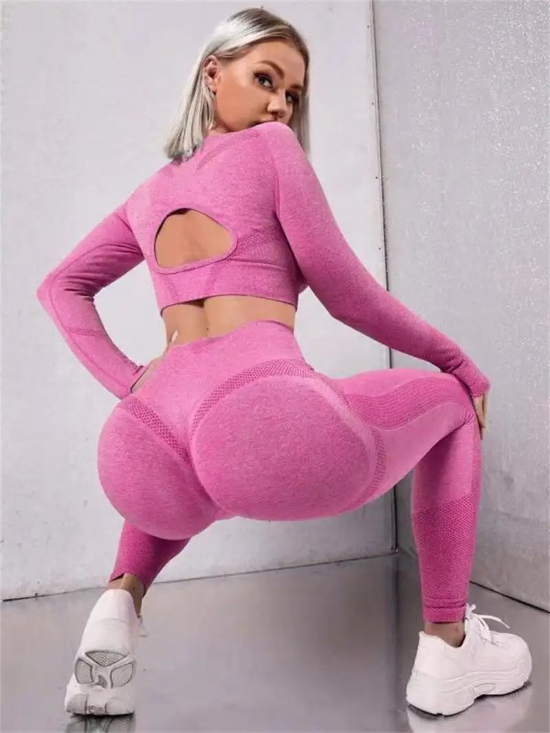 2pcs Sports Suits Long Sleeve Hollow Design Tops And Butt Lifting High Waist Seamless Fitness Leggings Sports Gym Sportswear Outfits Clothing - WILKYs