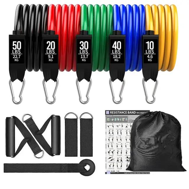 Set of resistance bands with various weights and accessories on a white background
