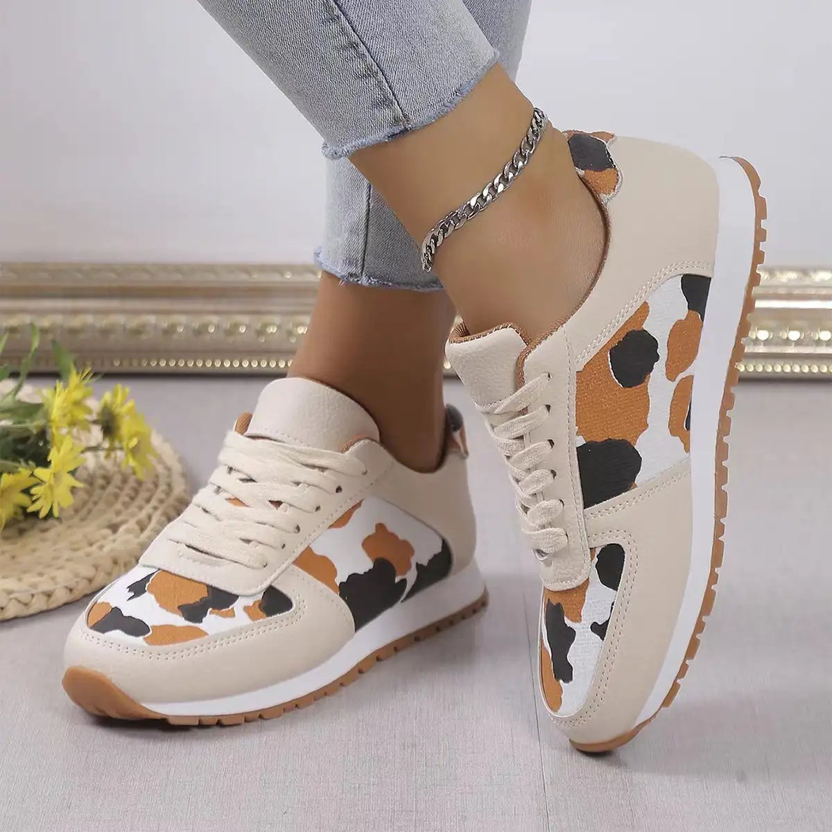Fashion Leopard Print Lace - up Sports Shoes For Women Sneakers Casual Running Walking Flat Shoes - WILKYs