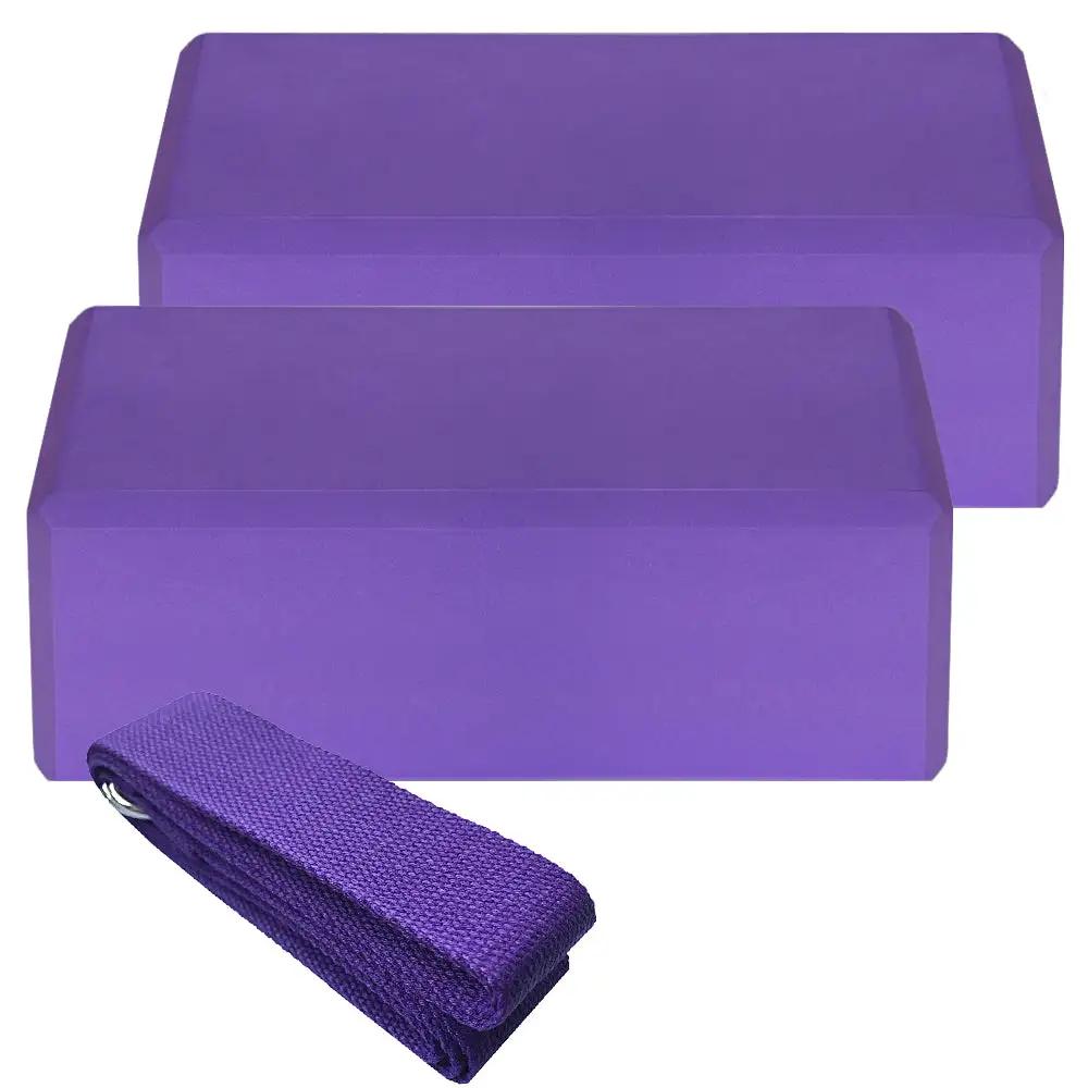 Indoor 2pcs EVA Yoga Blocks 1pcs Cotton Yoga Strap Stability Blocks Strap Set for Yoga Pilates Meditation Indoor Exercise - WILKYs