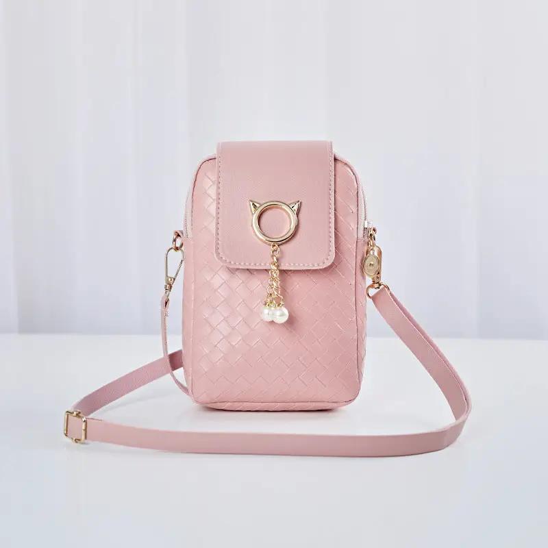 Mobile Phone Bags Women Woven Pearl Tassel Cover Type Crossbody Shoulder Bag - WILKYs