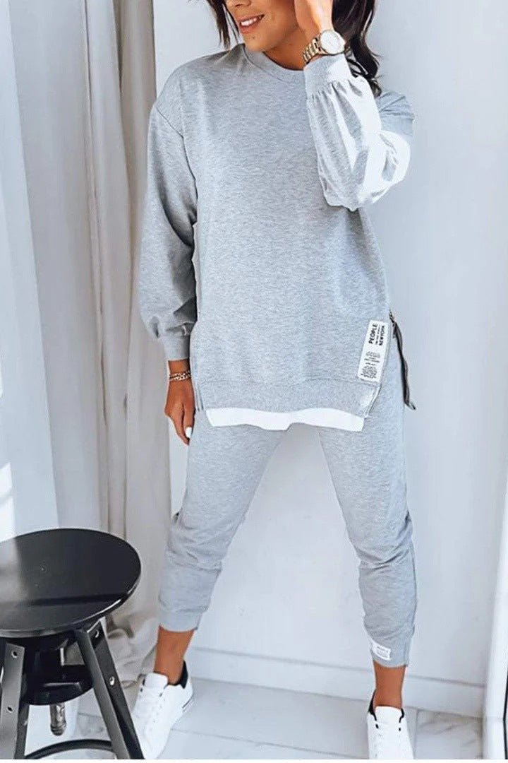 Women's Sports Suit Fashion Slit Design Sweatshirt Top And Slim - fit Trousers Sweatpants Casual Two Piece Set Outfit - WILKYs