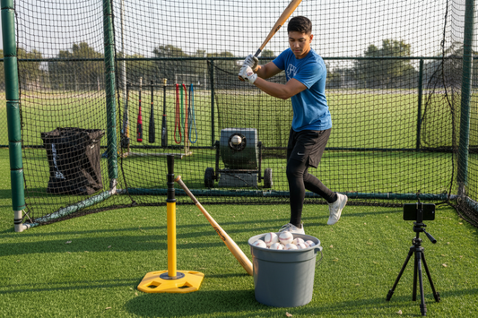 Baseball training equipment guide featuring batting tees, pitching machine, and essential gear for all skill levels
