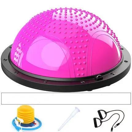 Pink Pilates yoga ball with accessories including air pump, plug, and resistance bands. Ideal for fitness exercises.