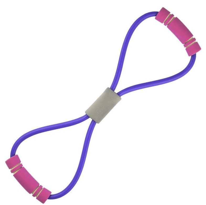 Purple fitness stretching rope with pink foam handles.