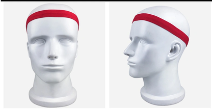 Red fitness yoga hair band on mannequin head, perspiration and quick-drying features.