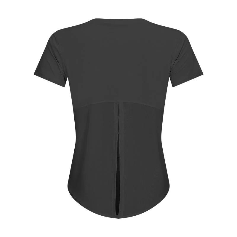 Women's quick-drying yoga fitness t-shirt, plain design, cotton-blended fabric.