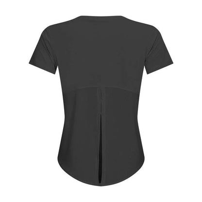 Women's quick-drying yoga fitness t-shirt, plain design, cotton-blended fabric.