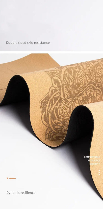 Eco-friendly cork yoga mat with embossed design, double-sided non-slip surface, and dynamic resilience.