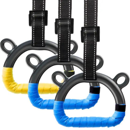 Children's home fitness rings in blue and yellow with durable slings for active play.