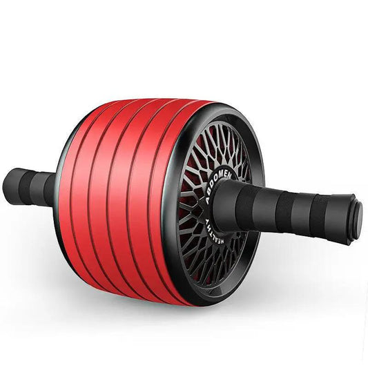 Red and black home fitness abs wheel with sponge handles and stainless steel tubes.