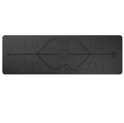 Eco-friendly black yoga mat with position lines for beginners.