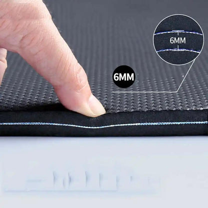 Yoga mat showing 6mm thickness with non-slip rubber surface.