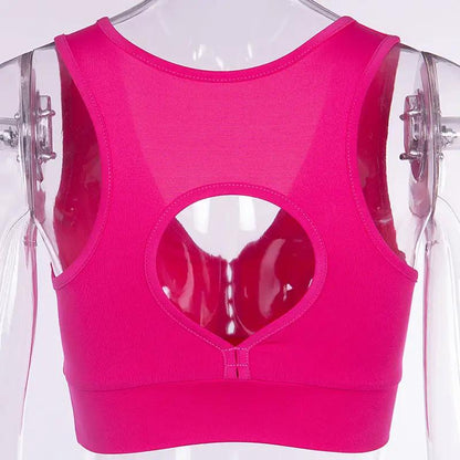 Pink Yoga Hollow Fitness Vest, cotton fabric, back view with cutout design.