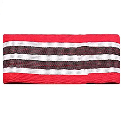 Yoga fitness buttocks elastic band in red with white and black stripes.