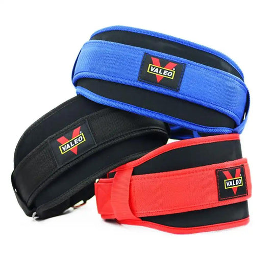 Nylon weightlifting belts in red, blue, and black for fitness support.