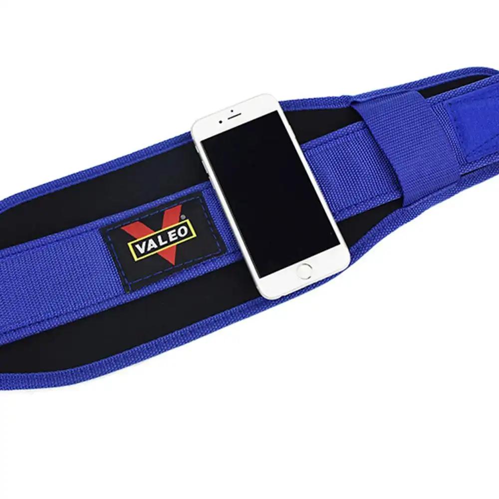 Blue fitness belt for weightlifting with phone pocket.