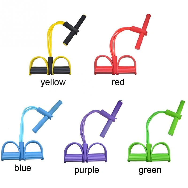 Colorful fitness equipment for resistance training in yellow, red, blue, purple, and green.