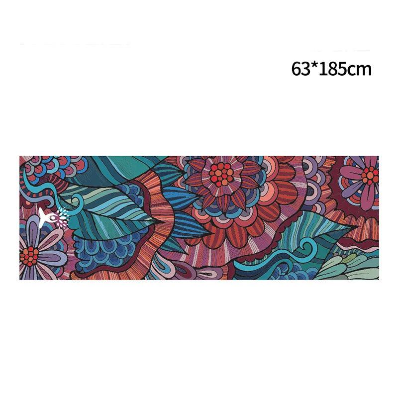 Colorful anti-slip yoga mat with floral design, 63*185cm, superfine fiber for indoor and outdoor use.