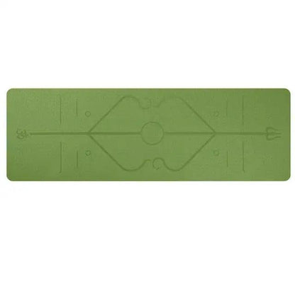 Green TPE yoga mat with printed position line for beginners.