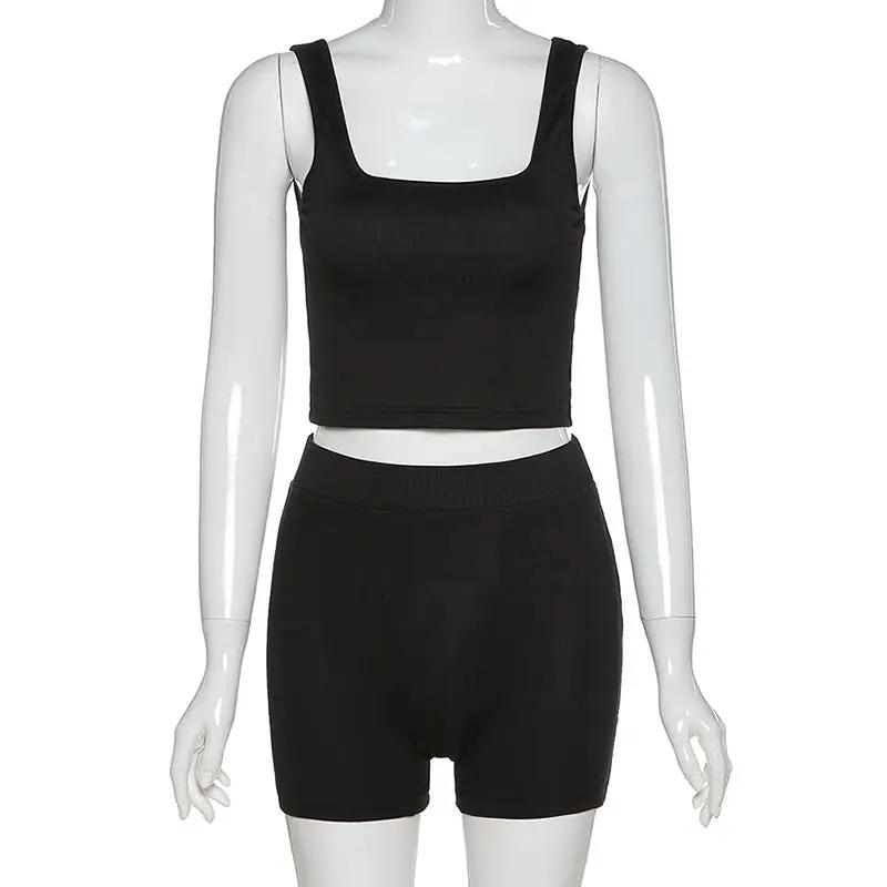 Fitness Yoga Casual Shorts Set in black cotton, sizes S to L.