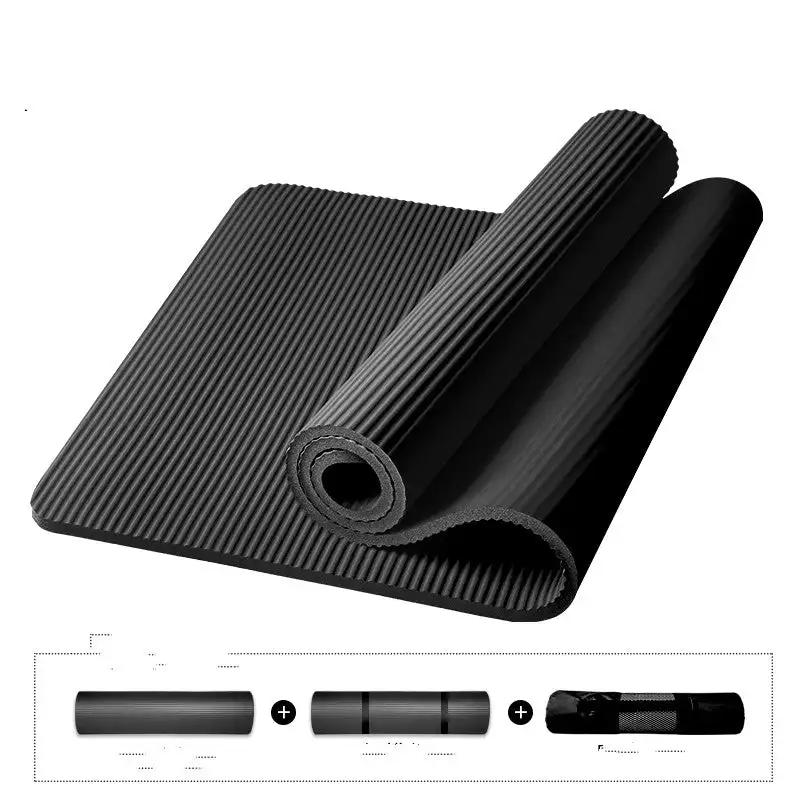 High-intensity NBR yoga mat in black with anti-skid and shockproof features, includes breathable backpack storage straps.