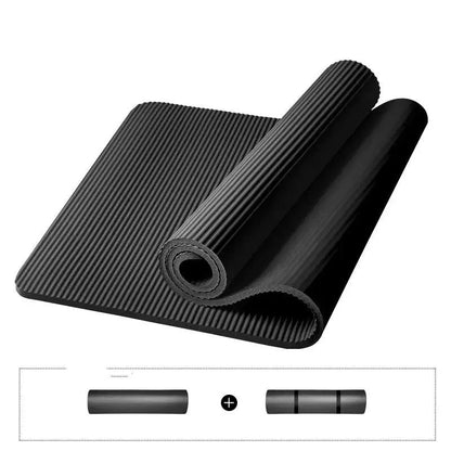 Black NBR yoga mat with anti-skid surface and shockproof features.