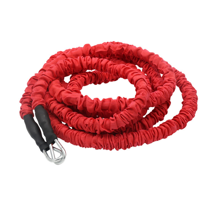 WILKYs0Double resistance band pull pull rope stretch track and field track an
 NAME: Double Explosive Force Trainer
 
 COLOR: Red / Black
 
 MATERIAL: Belt in PP / TUBE rubber / hook
 
 LENGTH: 5 M / 2 M
 
 RUPTURE FORCE: 50LB
 
 


 Packing 