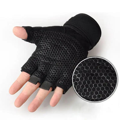 Black sports fitness microfiber glove with hexagonal grip texture.