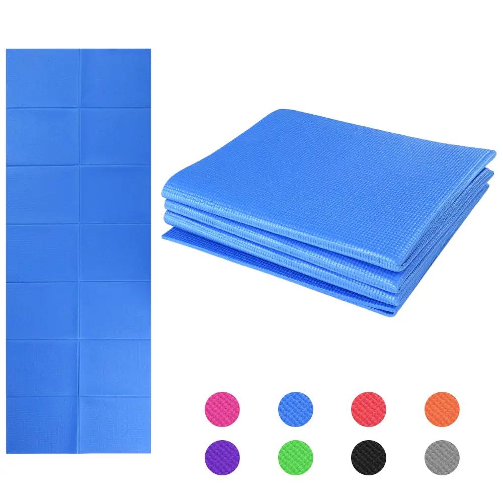 Non-slip 3-fold yoga mat in blue with foldable design and multiple color options, ideal for yoga and gymnastics.