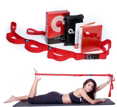 Yoga stretch strap with multiple grip loops, flexible and durable, ideal for beginners to improve flexibility.