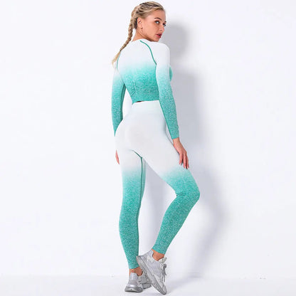 Women's fitness exercise yoga suit in turquoise and white ombre, comfortable nylon and spandex.