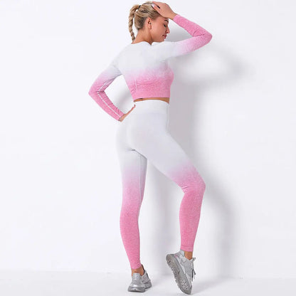 Women's pink and white ombre fitness exercise yoga suit with long sleeves and leggings.