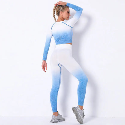 Women's fitness exercise yoga suit in blue and white gradient.