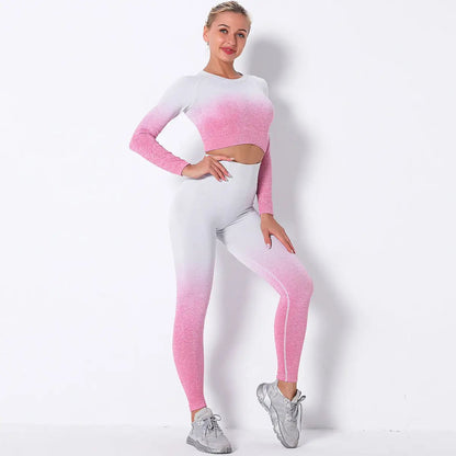 Women's pink and white fitness exercise yoga suit.