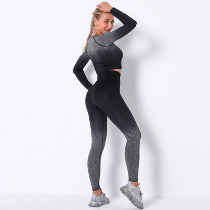 Women's fitness exercise yoga suit with high-waisted leggings and long-sleeve top.