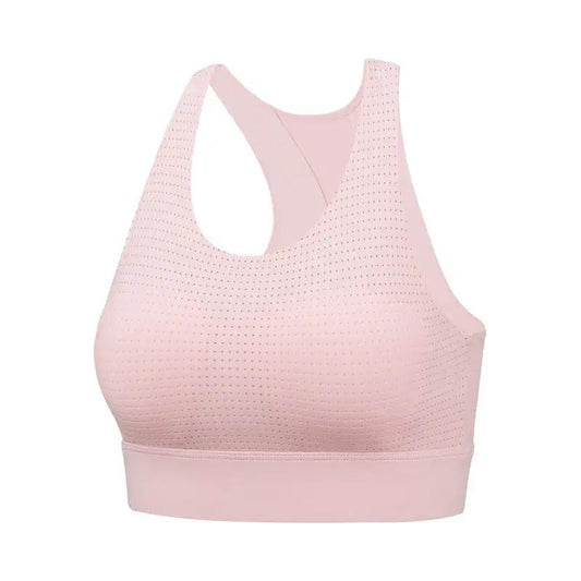 Running Shockproof Vest-style Gathering Yoga Fitness Bra in pink, featuring a full cup design, thin mold cup, and fixed double shoulder straps.