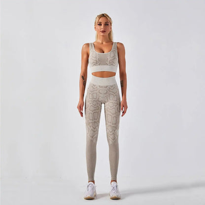 Women's sports yoga fitness suit with snake pattern, ideal for winter, spring, and autumn; made from nylon blend.