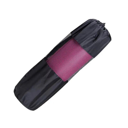 Black yoga mat net bag with visible pink mat inside, ideal for fitness equipment storage.