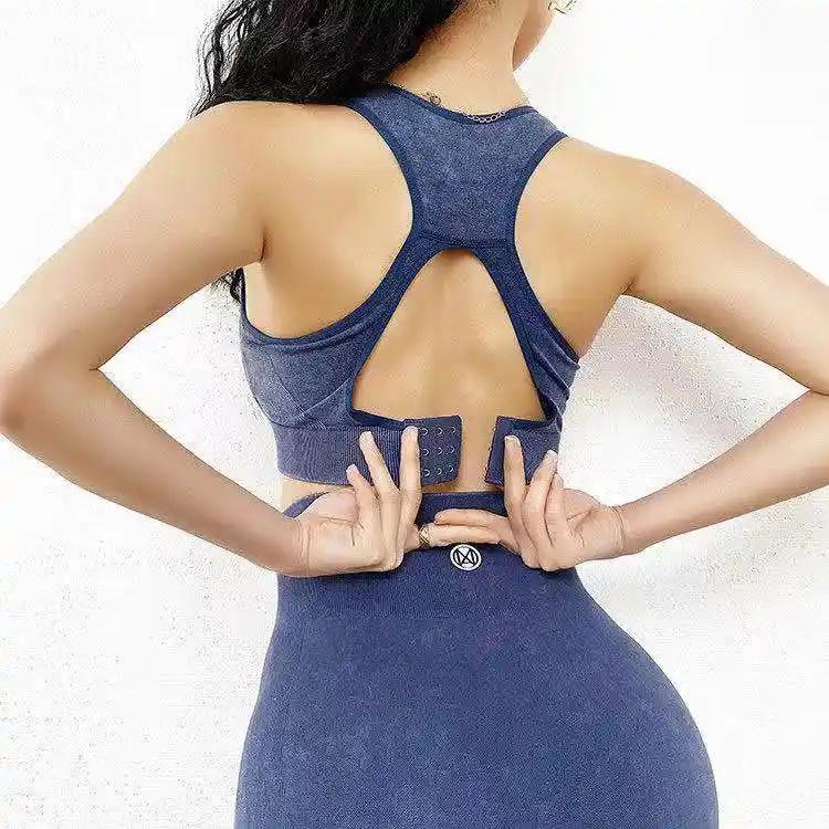 Running shockproof anti-sagging vest-style fitness yoga bra set in blue.