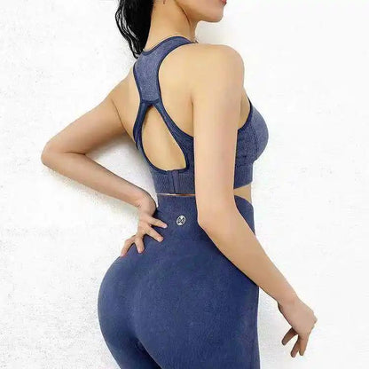 Running shockproof gathers vest-style anti-sagging fitness yoga bra set in sand washed blue, back view.