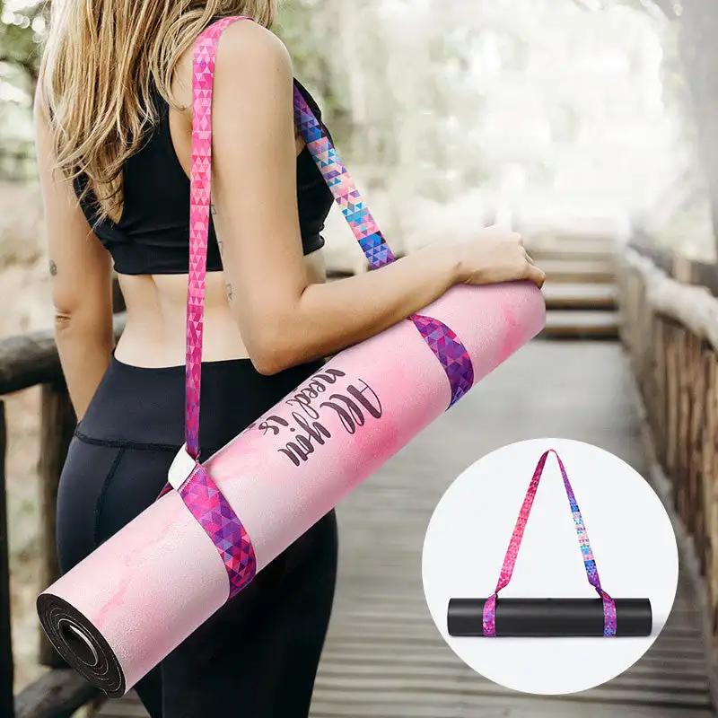 Pure cotton yoga mat strap with colorful gradient design for easy carrying.