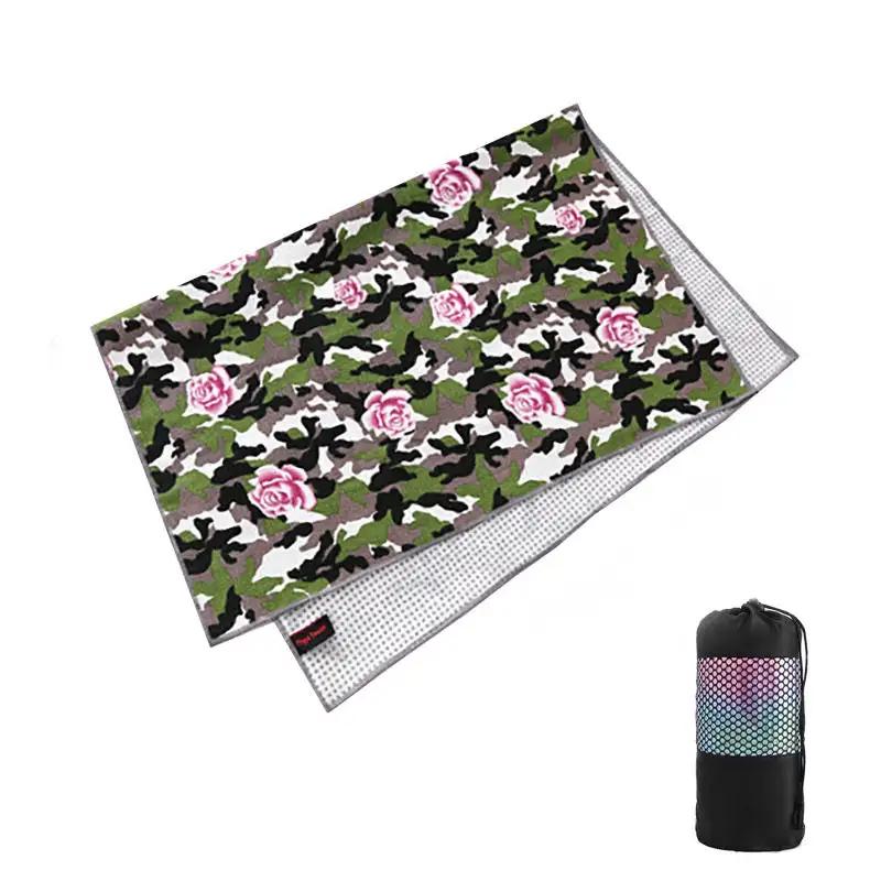 Colorful tie-dye yoga blanket pad towel with floral pattern, shown with carrying bag, perfect for yoga practice.