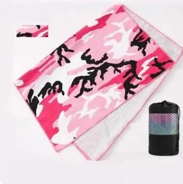 Tie-dye yoga blanket pad towel in pink pattern with carry bag.