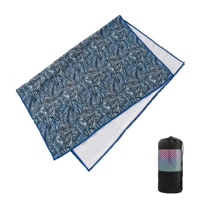 Tie-dye yoga blanket pad towel with unique particle design for comfort and support, shown with net bag.