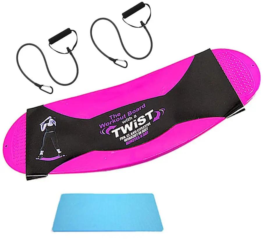 Anti-Slip Fitness Twisting Waist Training Board in pink with resistance bands for gym and yoga workouts.