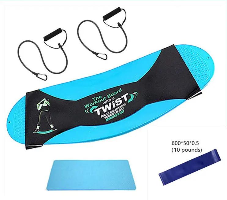 Anti-slip fitness twisting waist training board in blue with resistance bands for gym and yoga.