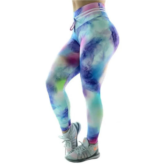 Colorful Symphony Printed Yoga Fitness Pants made of nylon and spandex, shown in nine-length pencil style.