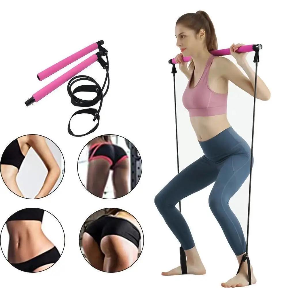 Pilates bar fitness yoga equipment for home workouts, featuring TPE material in cherry blossom pink, with elastic rope for stretching and strengthening exercises.