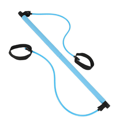 Blue Pilates bar fitness yoga equipment with elastic rope for home exercise and flexibility training.